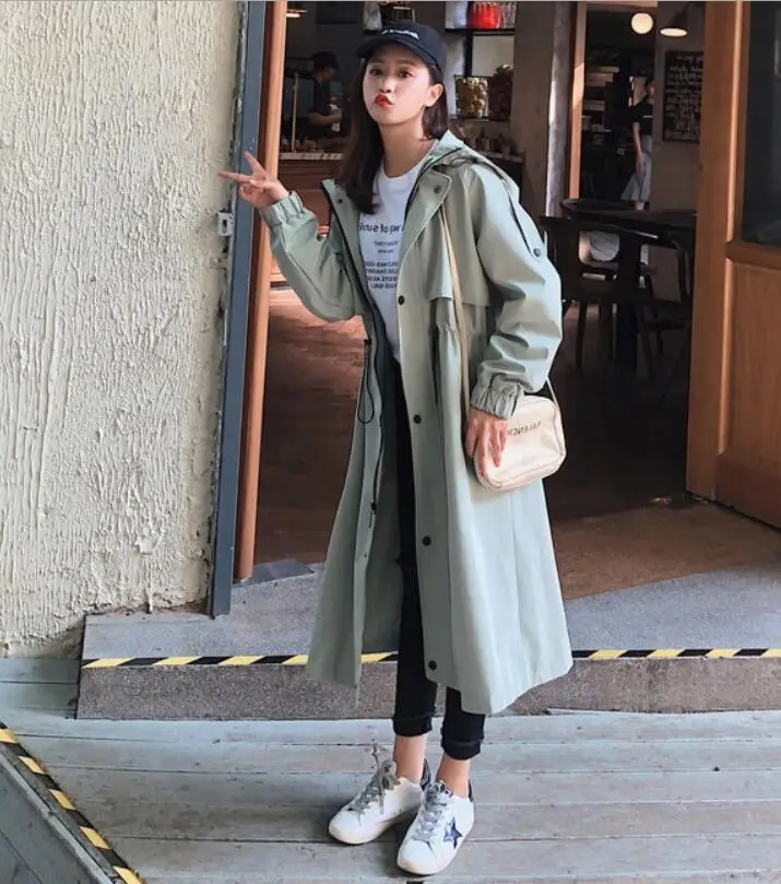 

Women's windbreaker coats new female trench coats beam sleeve loose over knee hooded outwear temperament tops women trench coat