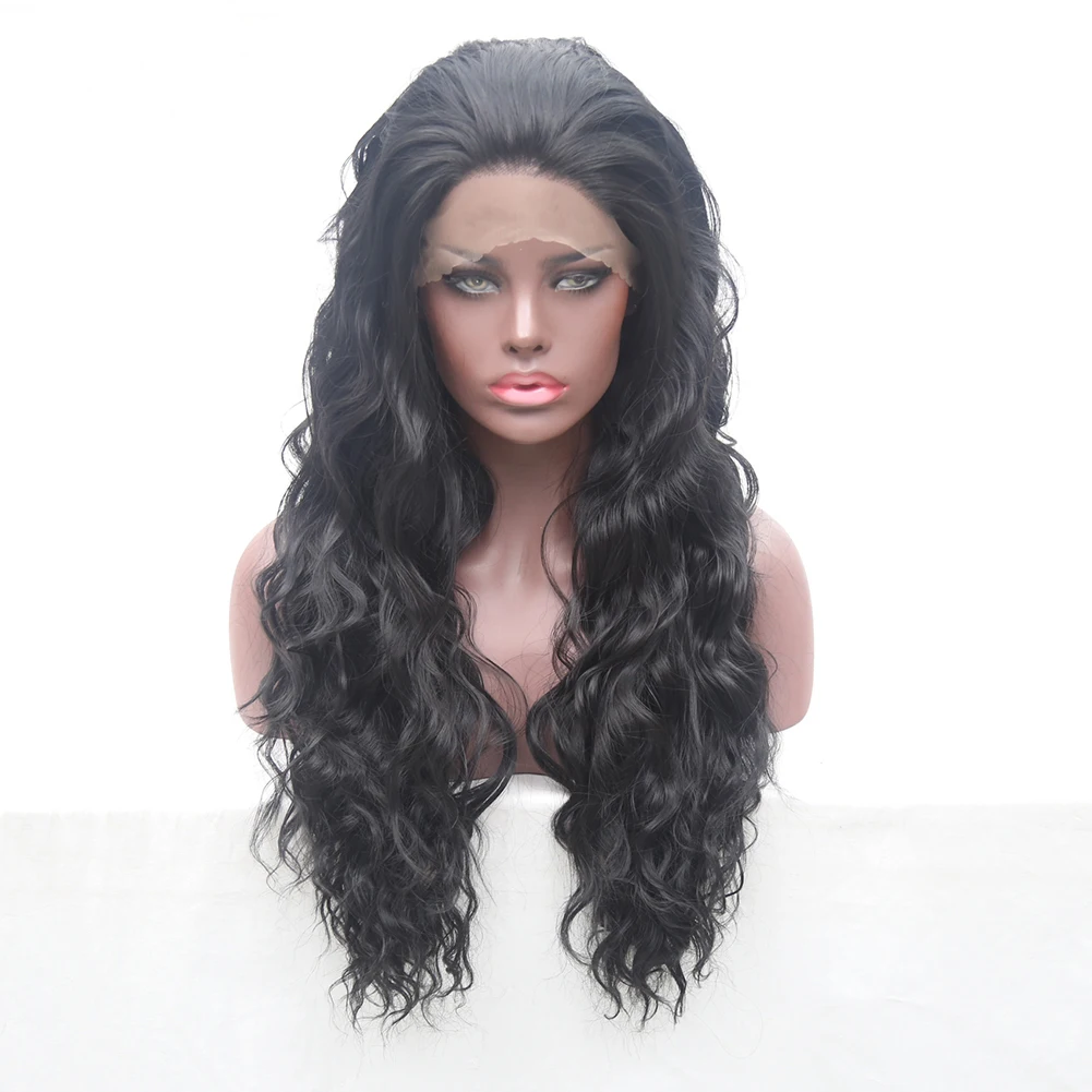 RONGDUOYI 150% Density Long Black Heat Resistant Synthetic Lace Front Wig With Baby Hair 24Inch Natural Wavy Wigs For Women | Шиньоны и