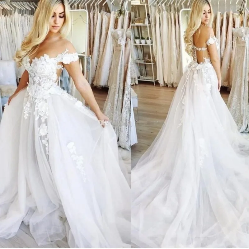 

New Wedding Dresses Off The Shoulder Appliques Tulle Floor Length Illusion Country Wedding Dress 2019 Plus Size Bridal Gowns