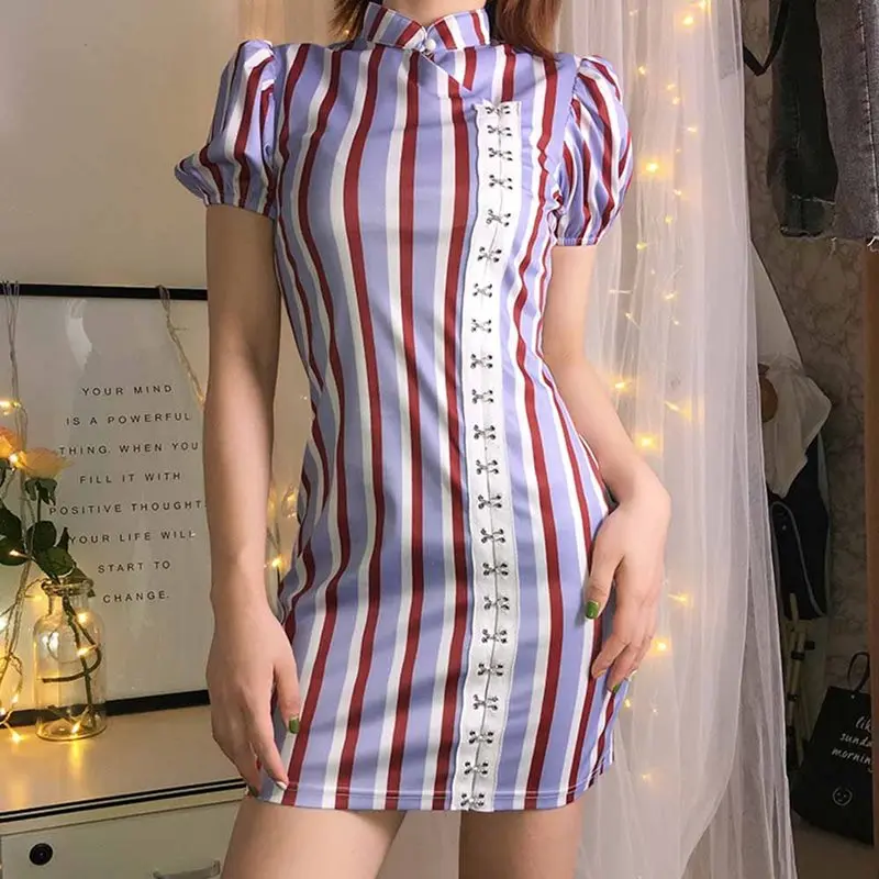 Женское облегающее платье Cheongsam фиолетовое мини в полоску с пышными рукавами и