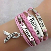 women fashion multilayer love faith believe and breast cancer awareness charm bracelet