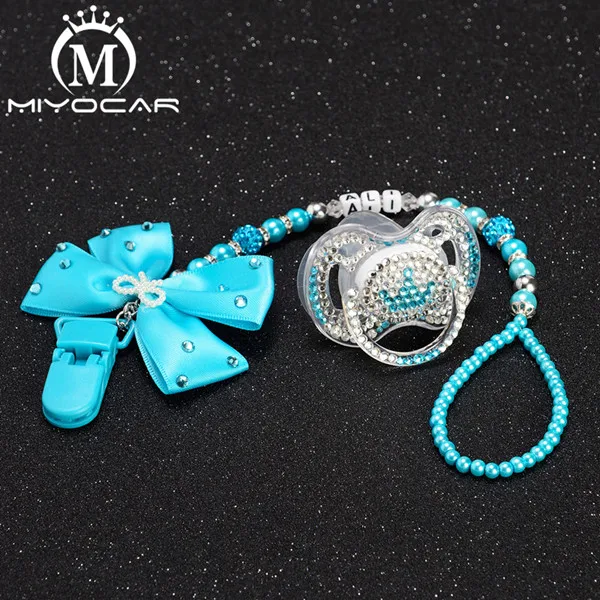 MIYOCAR любое имя синий лук bling горный хрусталь держатель для соски-пустышки зажим с bling king Корона кольцо для соски идея подарка - Цвет: 6 to 18m with clip