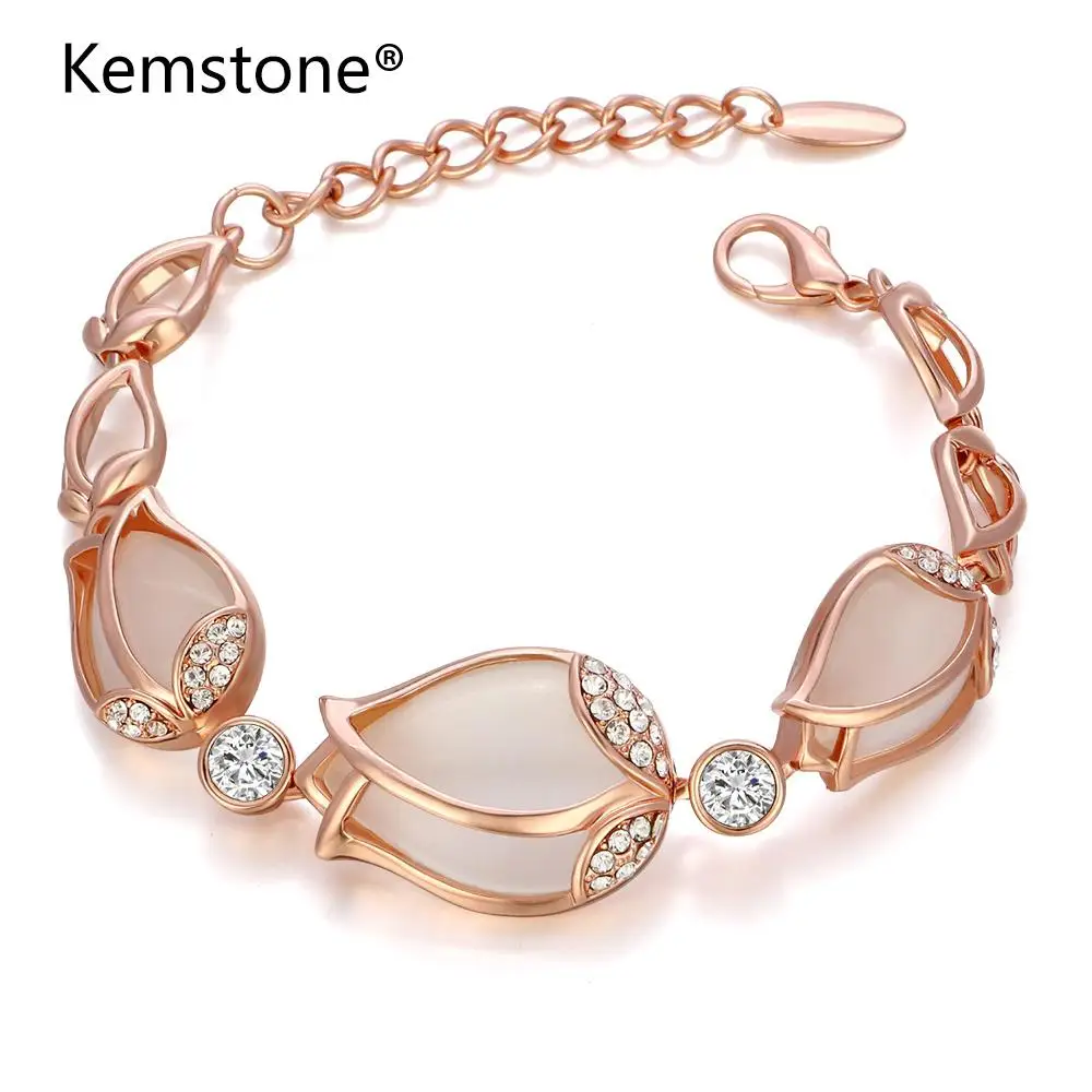Kemstone Rose Flower Link Bracelet Cat's Eye Stone Cubic Zirconia Gold Color Women Fashion Jewelry | Украшения и аксессуары