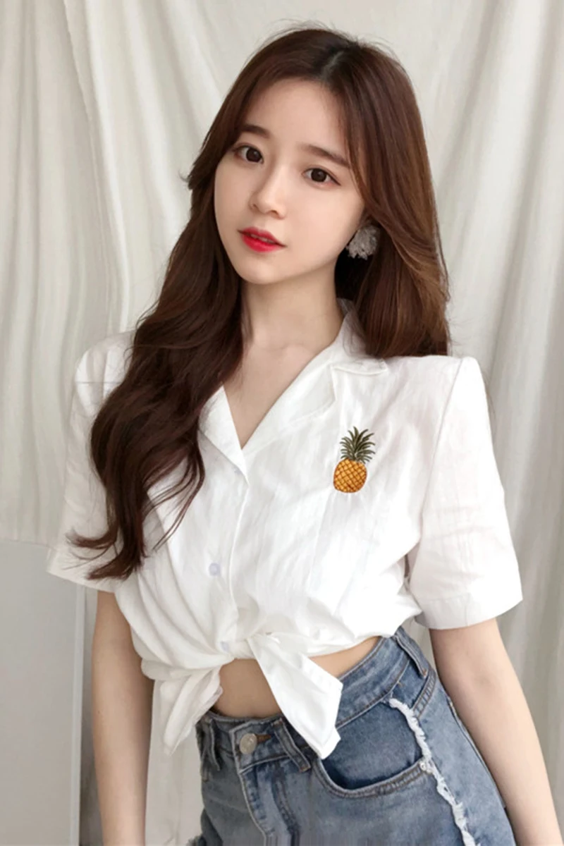 2019 женские рубашки в стиле Харадзюку с ананасами корейские топы воротником