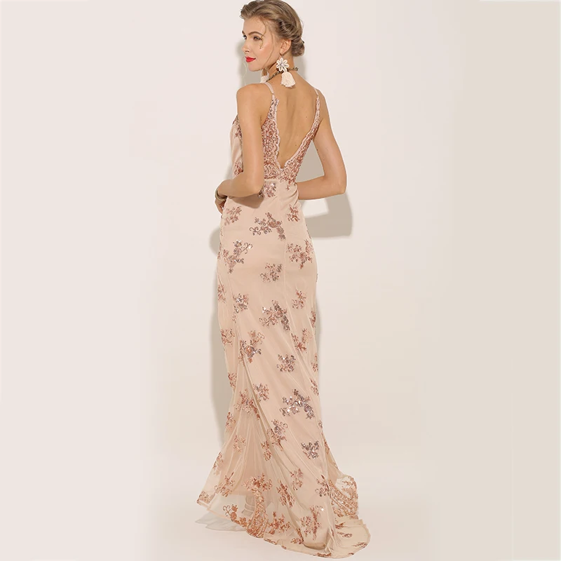 Женское Макси платье с глубоким вырезом Parthea золотистое прозрачное Сетчатое