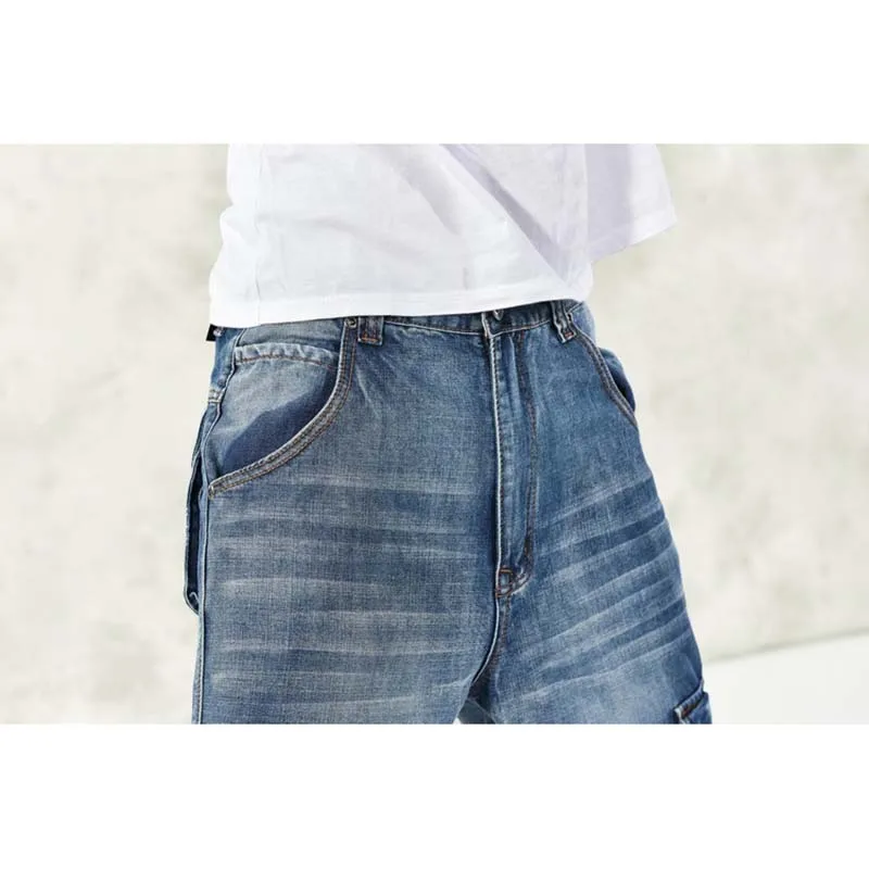 Мужские джинсовые брюки карго свободные прямые шаровары с большим карманом в