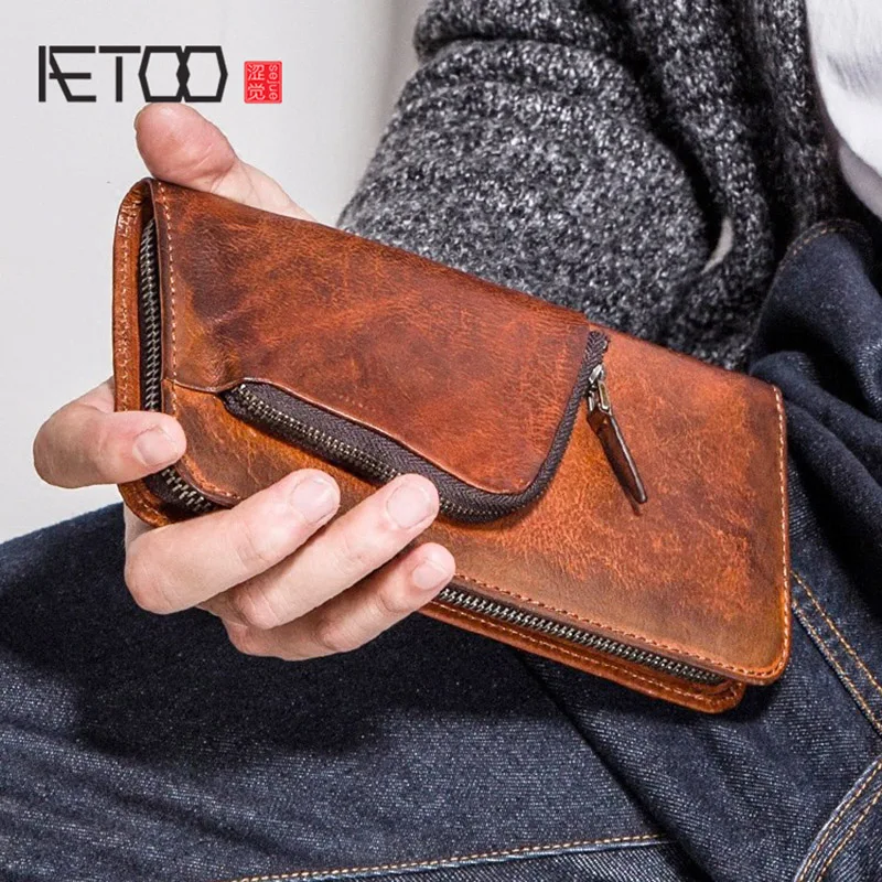 Мужской Длинный кошелек AETOO на молнии многофункциональный бумажник из воловьей