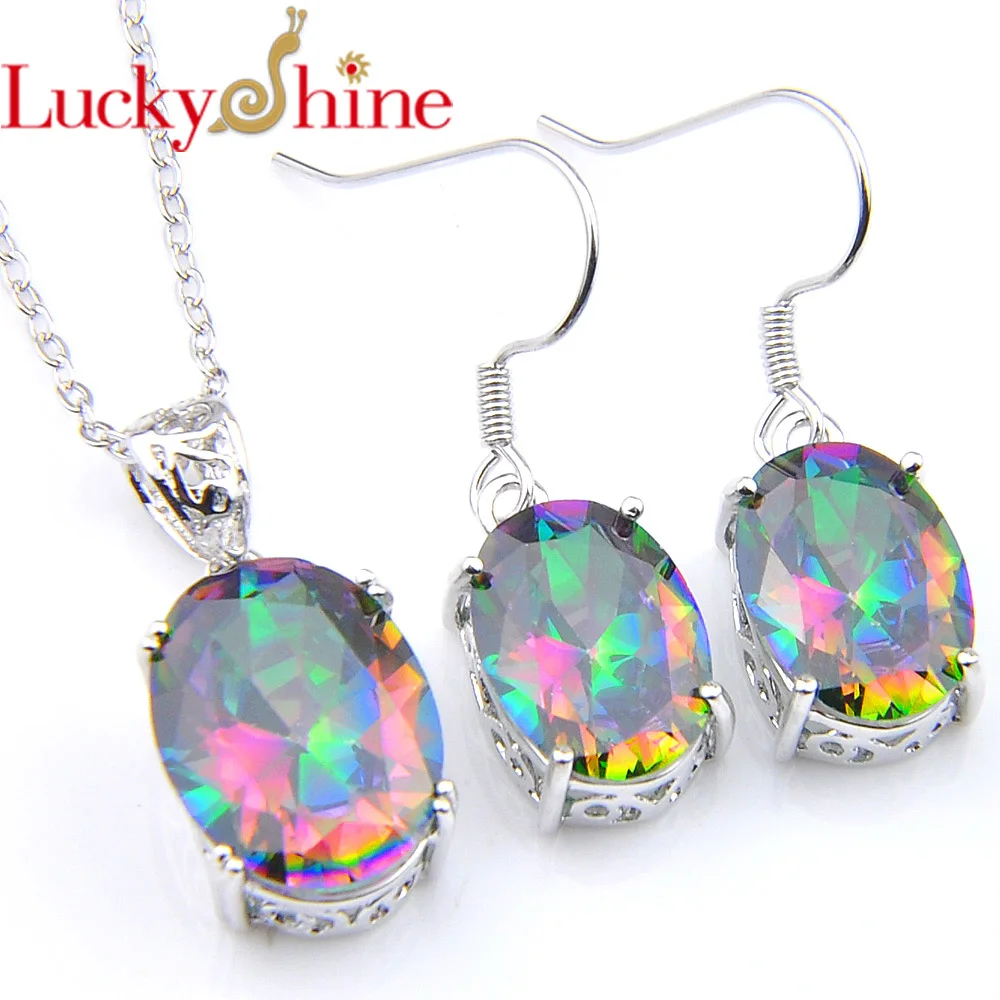 

Luckyshine Mix 2PCS 1 Set Fire Classic Oval Shine Rainbow Mystic Cubic Zirconia Silver Pendants Earrings for Jewelry Sets