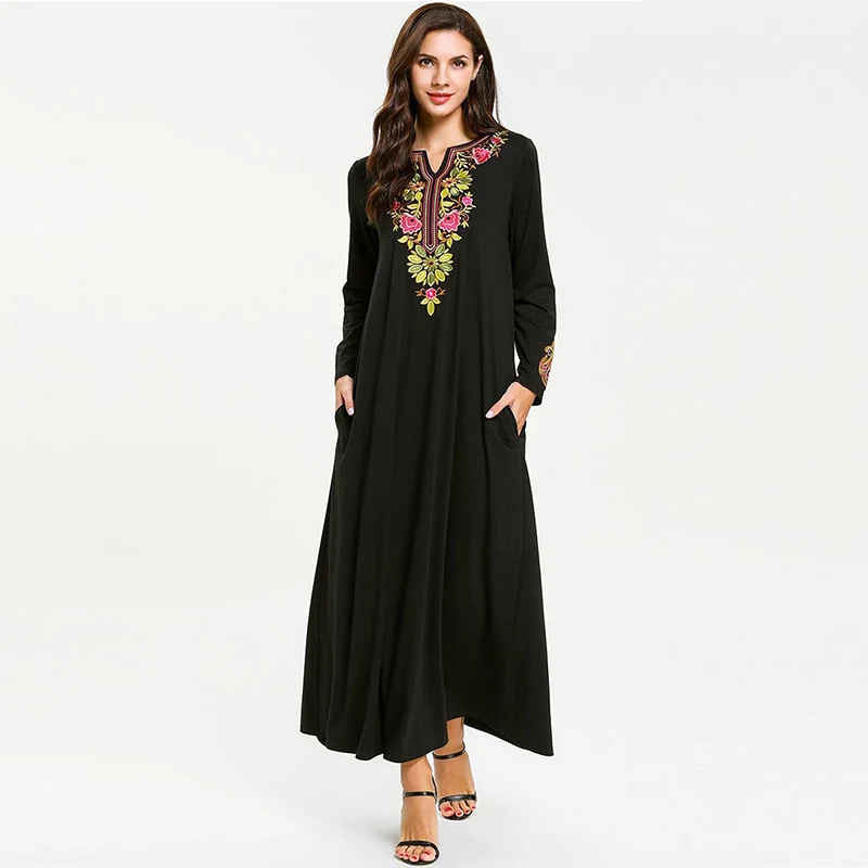 Женское мусульманское платье с цветочной вышивкой Abaya элегантное платье-Кафтан в