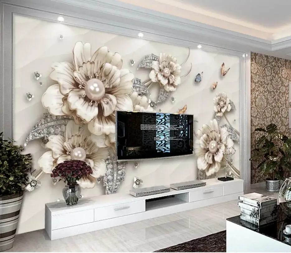 

Exquisite luxury 3D jewelry flower TV background wall decoration wallpaper murals