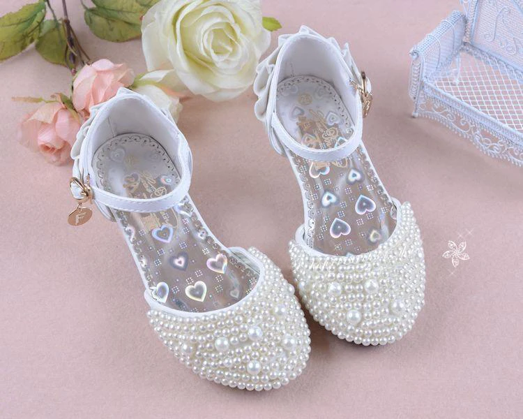 

2018 summer wedding flower princess high heel pearl bead sandals children cute dance shoes