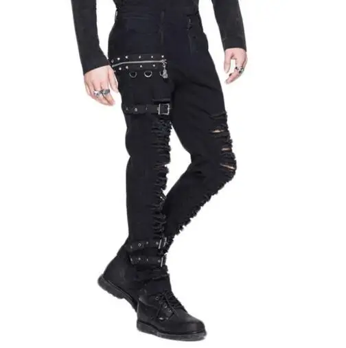

Steampunk Man Winter Casual Black Pants Gothic Personality Men's Long Trousers Slim Fit Hole Pencil Pants Slight Elastic S-3XL