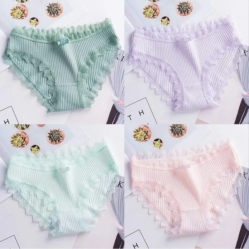 image 4 pieces Женское нижнее белье, летнее хлопковое однотонное кружевное нижнее белье для девочек, повседневные сексуальные дышащие тонкие трусы с низкой талией - Цвет: image 4 pieces