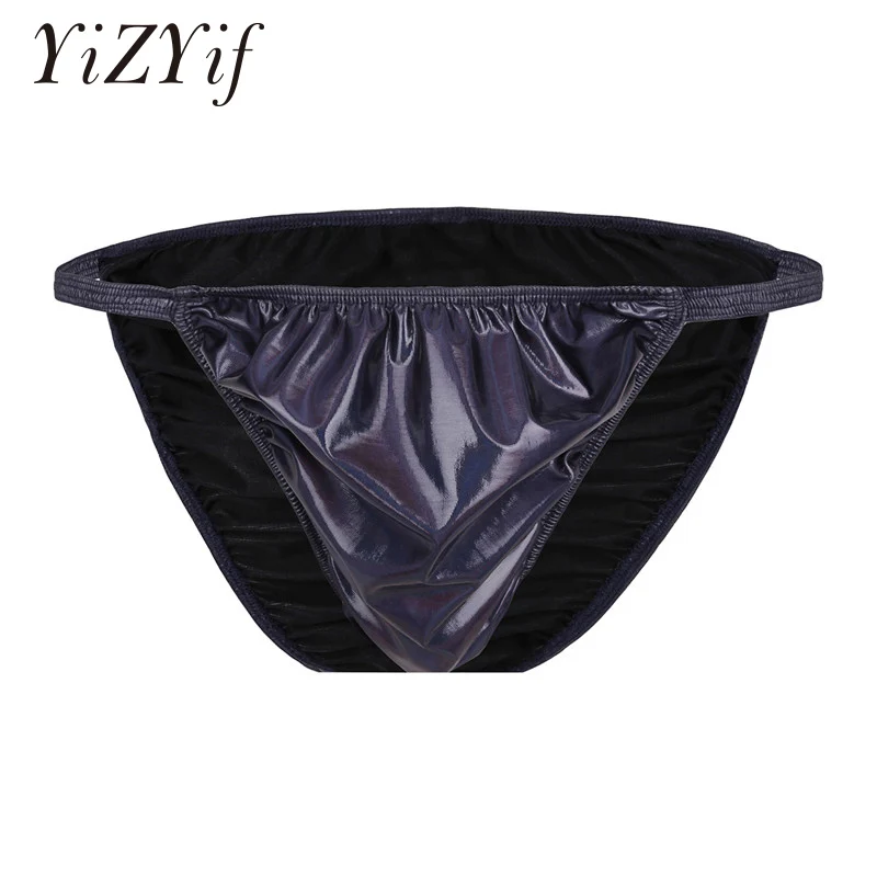 

YiZYiF Brand New Mens Lingerie Shiny Ruched Faux Leather Briefs Panties High Cut Low Rise Bikini Swimwear Undepants Underwear