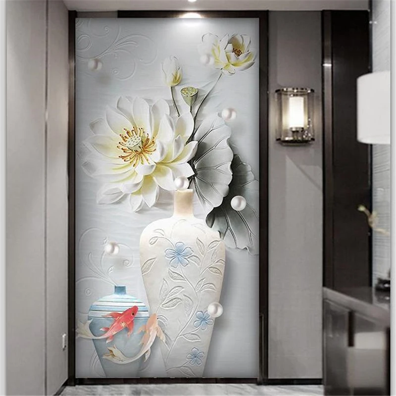 

beibehang Custom wallpaper 3d photo mural embossed three-dimensional minimalist home and rich lotus carp vase 3D porch wallpaper
