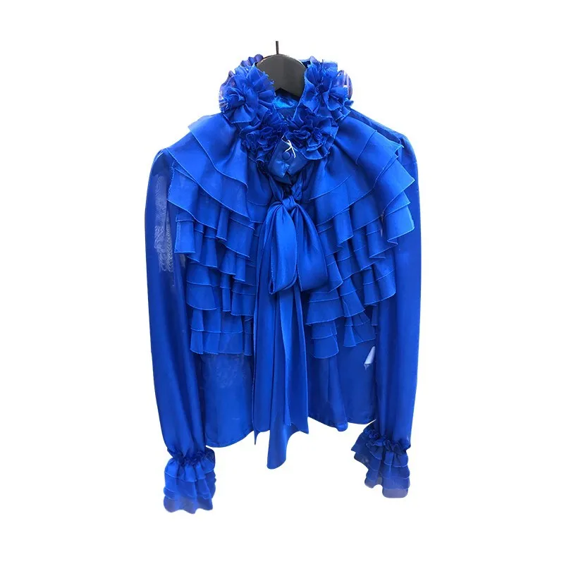 blue TWOTWINSTYLE, женские топы с бантом, расклешенная рубашка с длинным рукавом и рюшами, блузка, Женская корейская модная одежда, весна - Цвет: blue