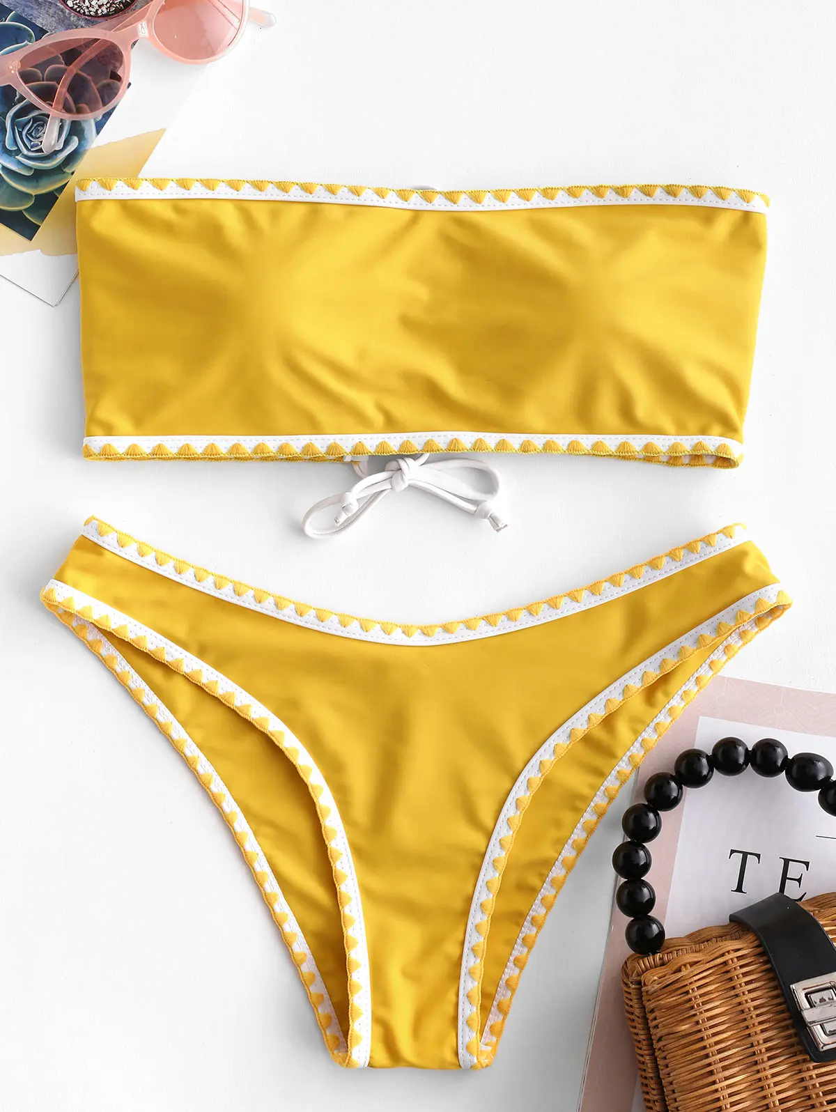 ZAFUL Bikini Embroidered Trim Lace Up Strapless Bikini Push Up Swimwear Sexy Swimsuit Bathing Suit Women Holiday Swimming Bikini