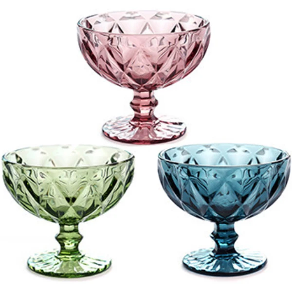 3 pcs diamond design Чашка для мороженого для десерта, торта, сока, 300 мл, европейская винтажная рельефная Салатница, креативные чайные стеклянные вечерние чашки для молочных коктейлей, розовый и красный цвета - Цвет: 3 pcs diamond design