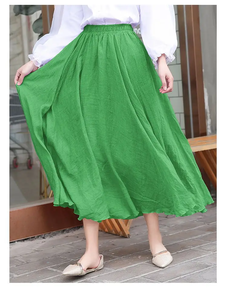 Grass Green Макси юбки женские летние модные однотонные эластичные Высокая талия женские Falda оборками Хлопок Лен длинная юбка faldas mujer moda - Цвет: Grass Green