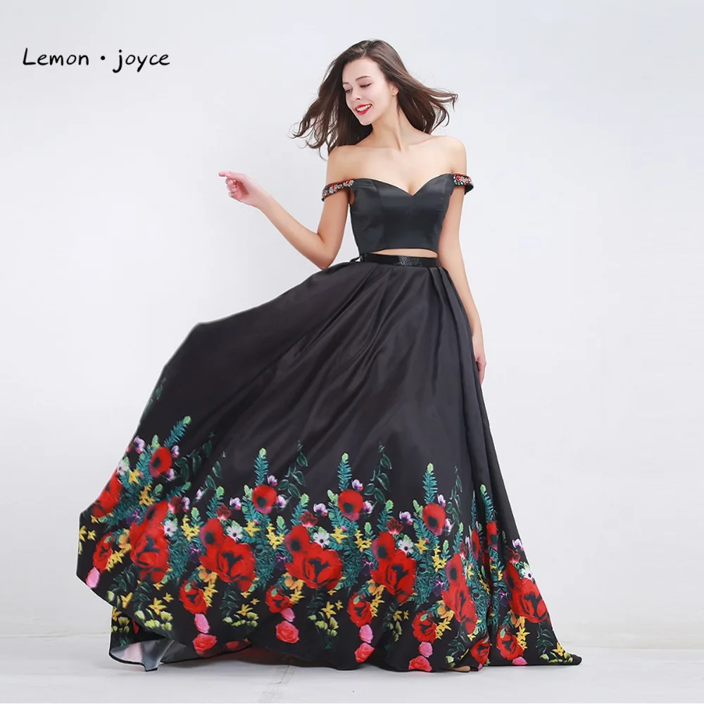 Черные Выпускные Платья с цветочным принтом 2020 из двух частей вырезом лодочкой и