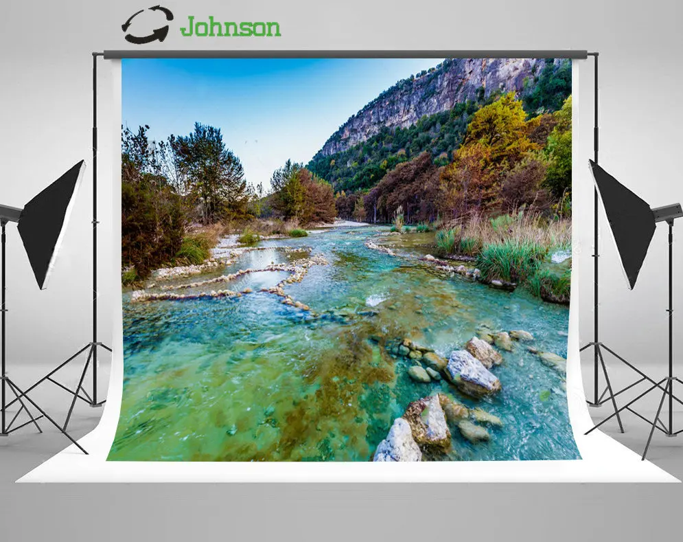 

Blue Sky White Clouds Fall Trees River Rock Tree background polyester or Vinyl cloth Computer print wall backdrops