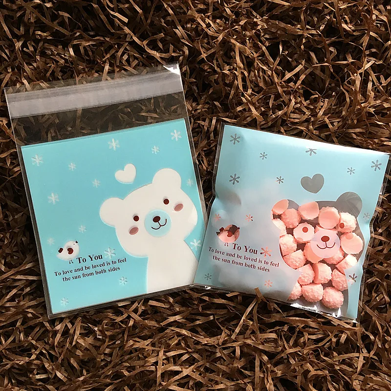 100 шт./лот упаковочный пакет для печенья с голубым медведем пластиковые пакеты