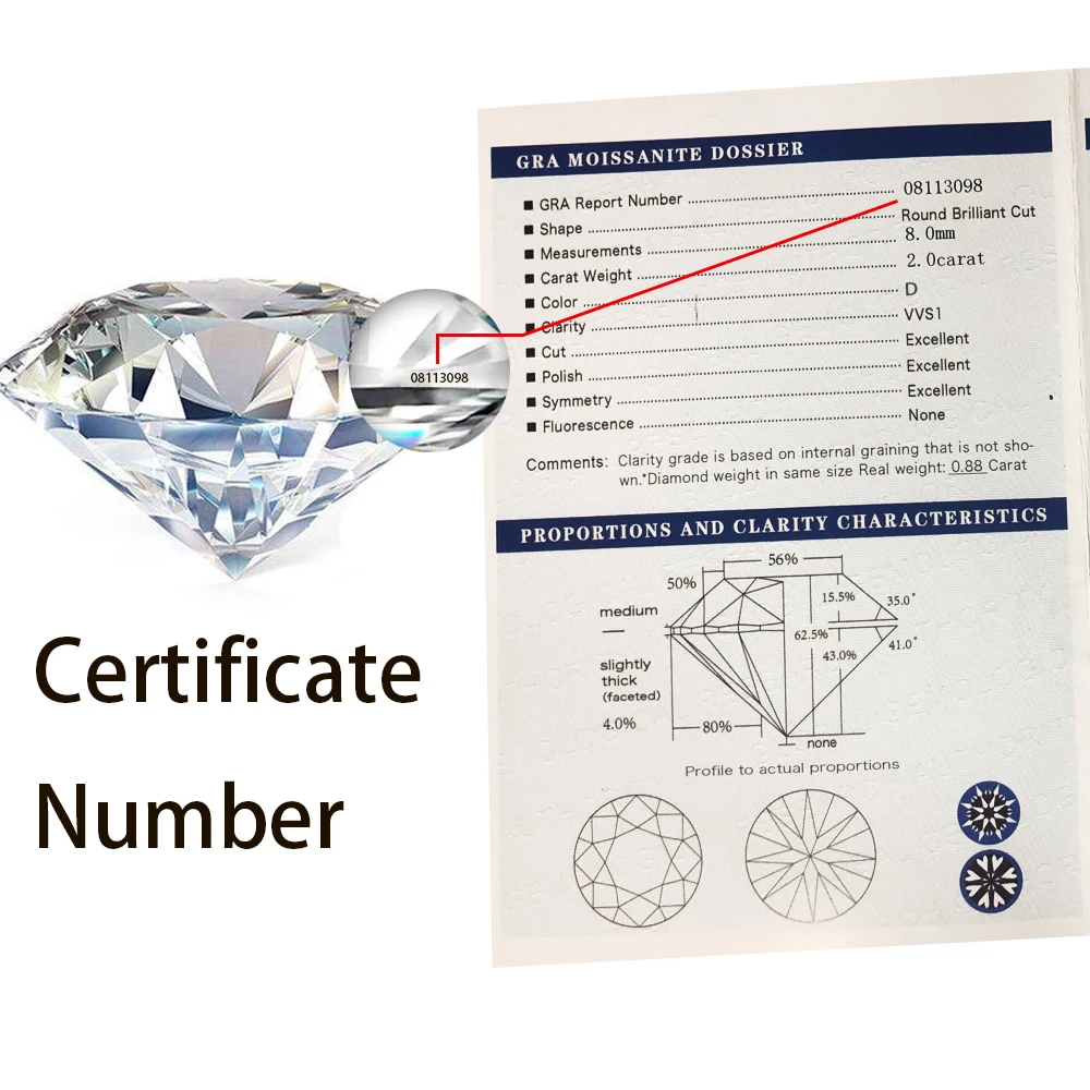 

D Color Moissanite Loose Stone Round Brilliant Cut 6mm Whiite VVS1 Hearts Arrows Excellent Cut Lab Grown Diamond