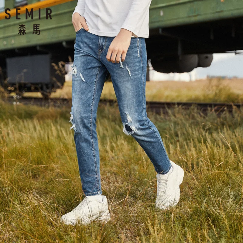 Джинсы SEMIR мужские из потертого денима приталенные Хлопковые Штаны в стиле ретро