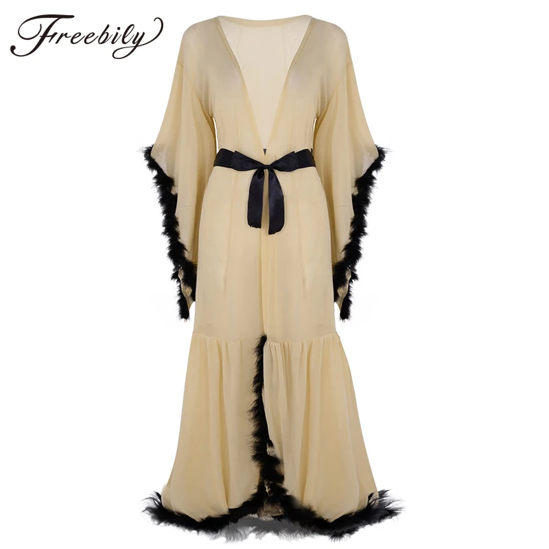 Sexy Ladies Lingerie Transparent Sleepwear Women Nightwear Babydoll Flare Sleeves Feather Wrap Robe See Through Long Bathrobe |