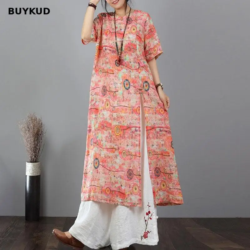 BUYKUD 2018 New Women Short Sleeve Split Round Neck Summer Dress Print Long Plus Maxi | Женская одежда