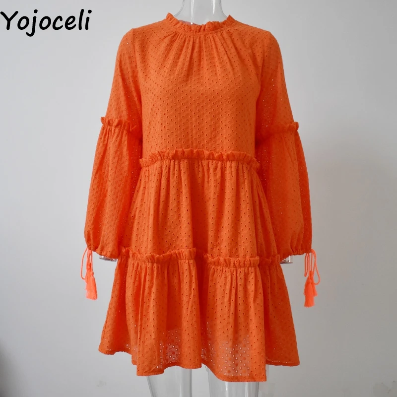 Yojoceli Lace tassel ruffle dress women Autumn party short sexy female vestidos Bow elegant daily | Женская одежда