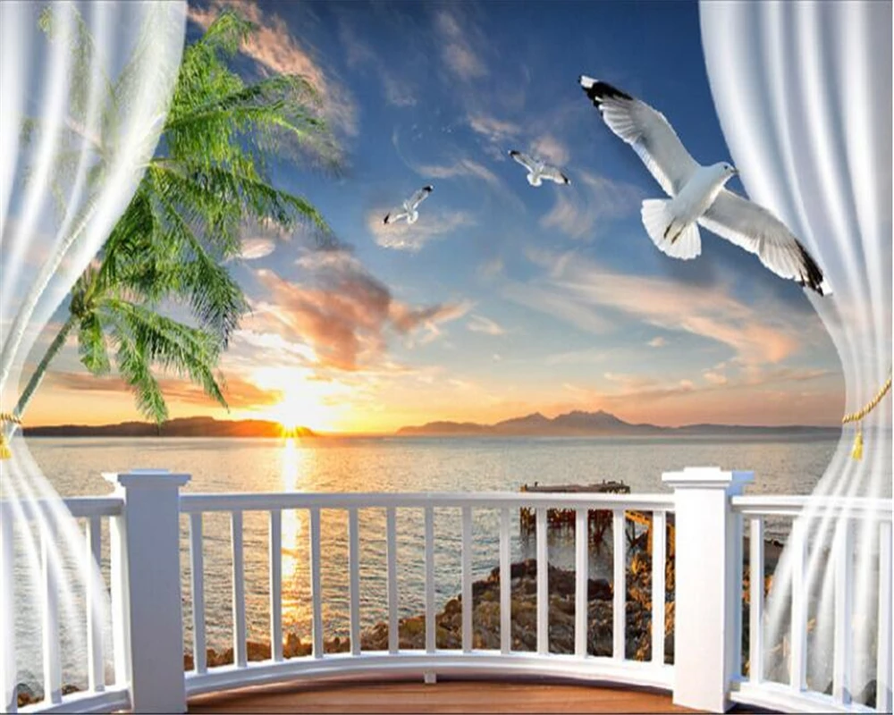 

2017 fashion custom mural wallpaper 3D balcony sunset seascape seagull background wall wallpaper for walls 3 d Beibehang