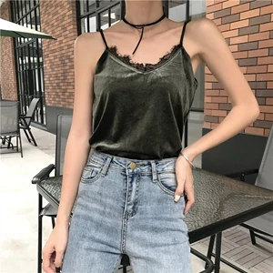 Army Green tank top Бархатный винтажный женский топ на бретелях, кружевная Лоскутная летняя майка без рукавов, однотонная свободная футболка без рукавов, женская одежда - Цвет: Army Green tank top