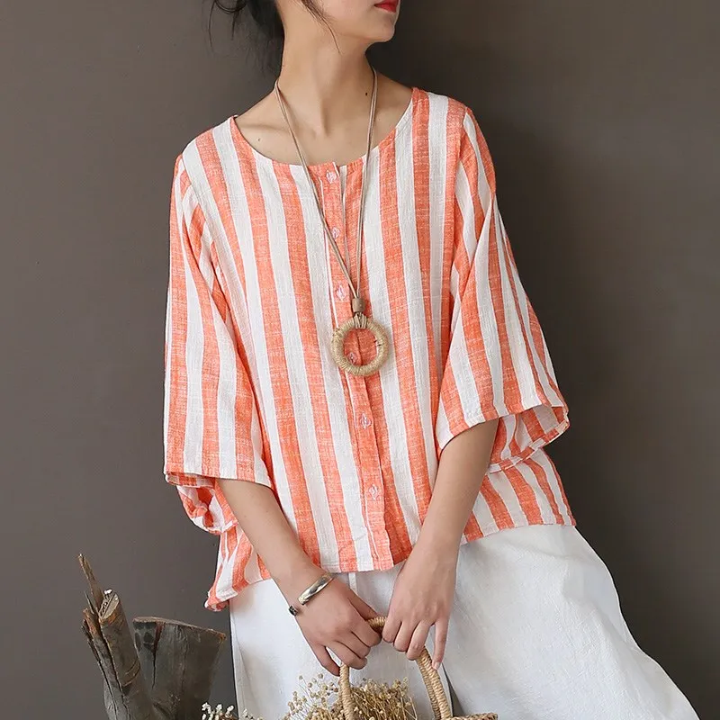 2019 Summer Women Vintage O-Neck Cotton Linen Striped Blouses Three Quarter Casual Button Loose Shirt Seven Sleeve Tops |