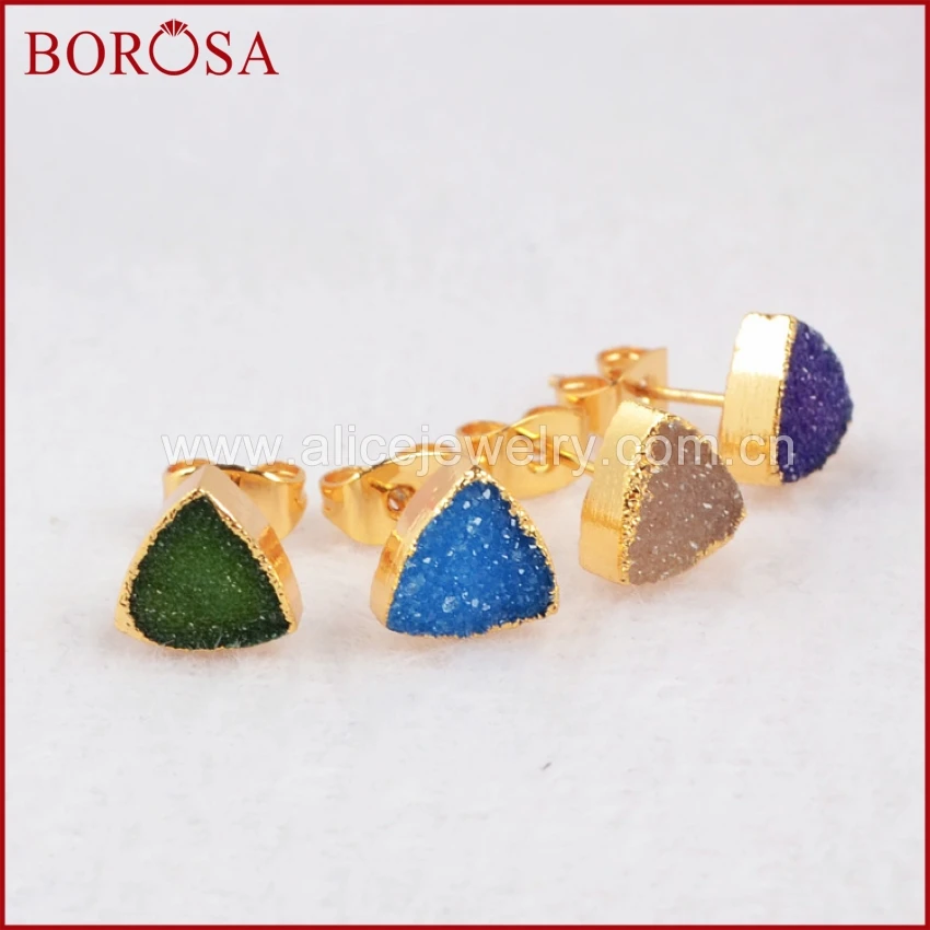 BOROSA 8 мм треугольник золотого цвета Радуга натуральный кристалл Druzy Geode серьги