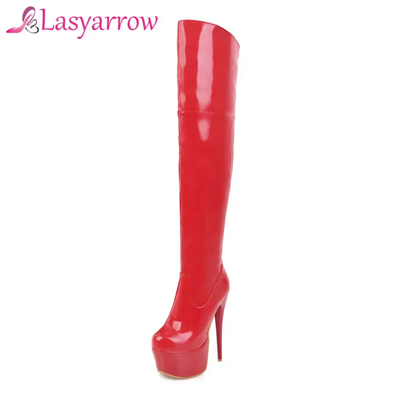 

Lasyarrow Sexy Women's Boots Black Red Patent Leather Shoes Woman Women's Stiletto Boots Thin High Heels Botas Feminina RM124