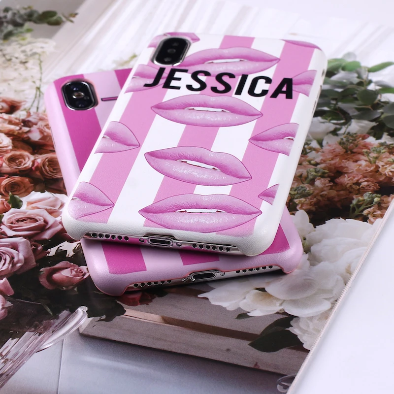 

Sexy Pink Lips Initial Custom Personalized Name Striped PU Leather Phone Case Cover For iPhone 12 11 Pro X XS Max 7Plus 8 8Plus