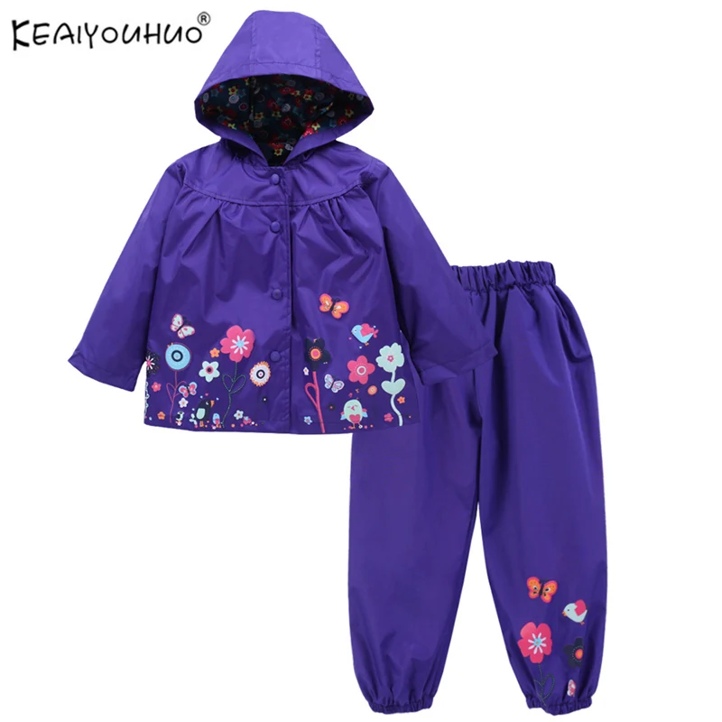 

2018 Floral Girls Suit Jackets+Pants Costume For Kids Casual Sport Suits Hooded Raincoat For Girls Clothes Set Children Clothing