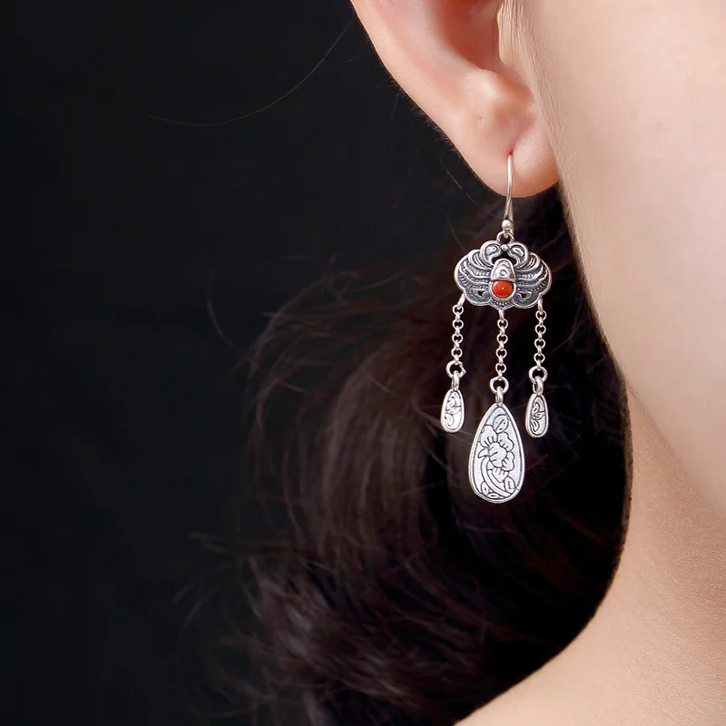 2018 Real New Arrival Brinco S925 Sterling Antique Old Inlaid South Peony Flower Fu In Front Of Ladies Earrings Wholesale | Украшения и