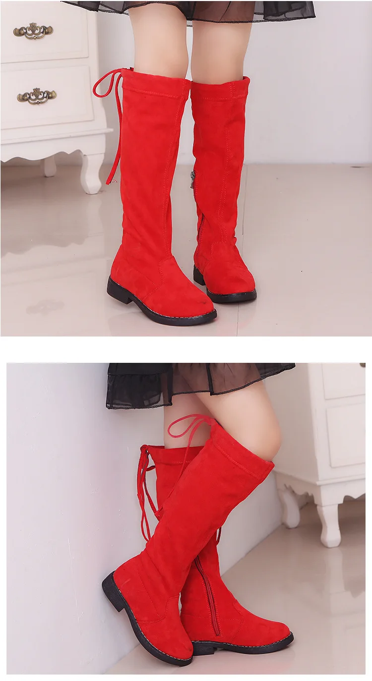 Winter Fashion Child Girls Snow Boots Warm Plush Shoes Nubuck Lether Princess Boots Girls High Long Boots Red Black Brown KS454