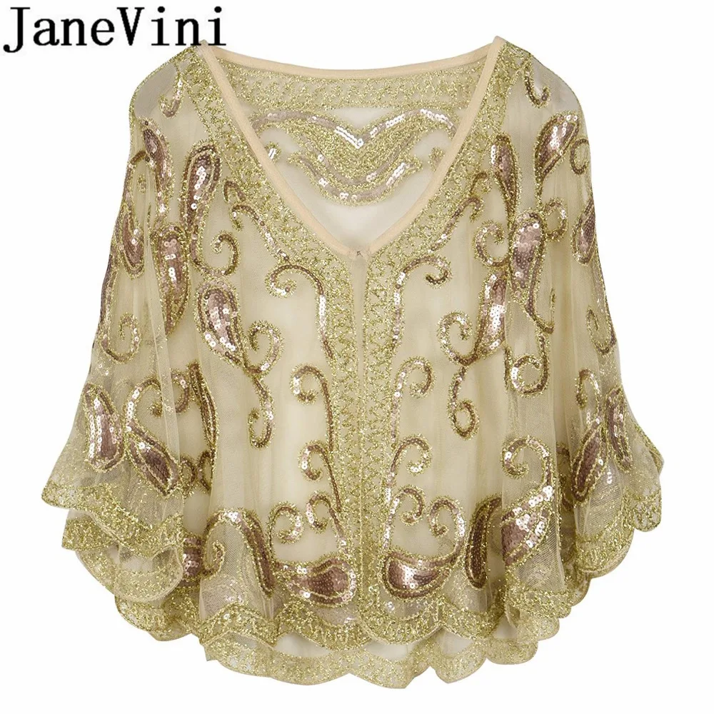 JaneVini Blingbling расшитый блестками женский плащ вышитая бисером Свадебная кофта Болеро шаль черные Серебряные Блестки вечерние свадебные куртки палантин