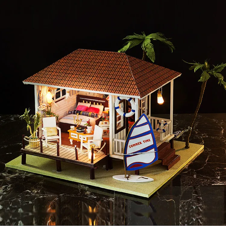DIY деревянная кукла дом праздник домик на пляже модель кукольный мебель свет