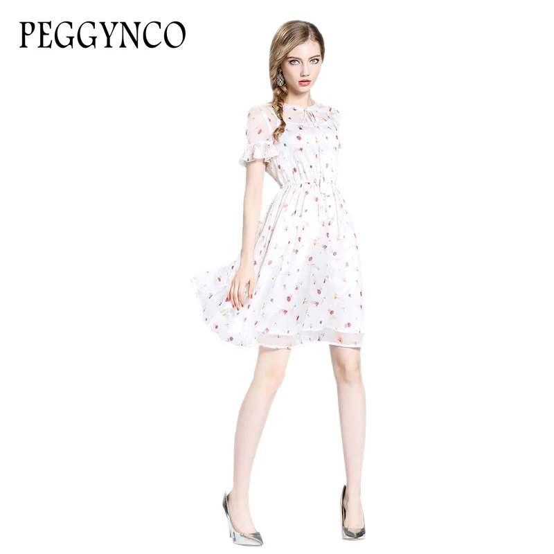 PEGGYNCO 2017 Для женщин белое платье Лето Цветочный Принт Свободные короткий рукав