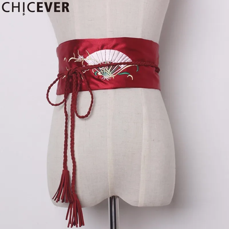red CHICEVER женские ремни с цветочной вышивкой и кисточками для женщин, черные бандажные женские пояса, модные новые - Цвет: red