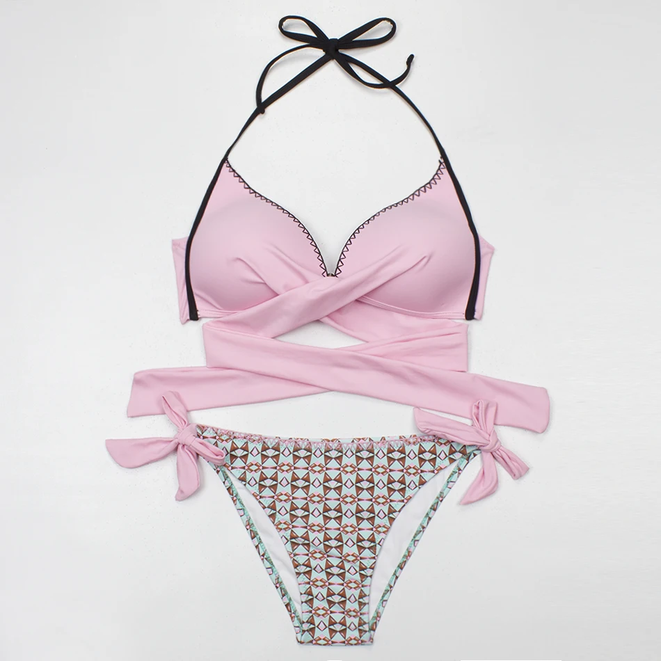 Pink ESSV сексуальное бикини для женщин плавание костюм Push Up Одежда крест накрест бикини с перекрестной шнуровкой комплект пляжные ванный XXL - Цвет: Pink