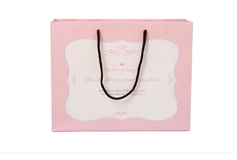 10 упаковок бумажный пакет в розовую и зеленую полоску с ручкой упаковочный для