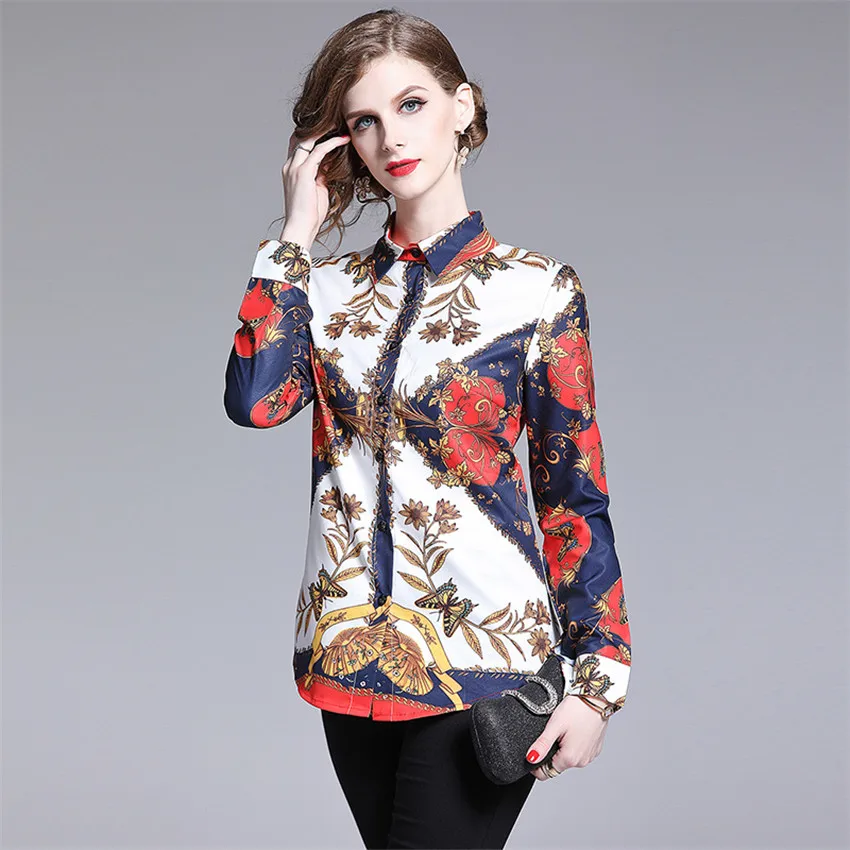 Рубашка женская с длинным рукавом и винтажным принтом 2019|Блузки| |