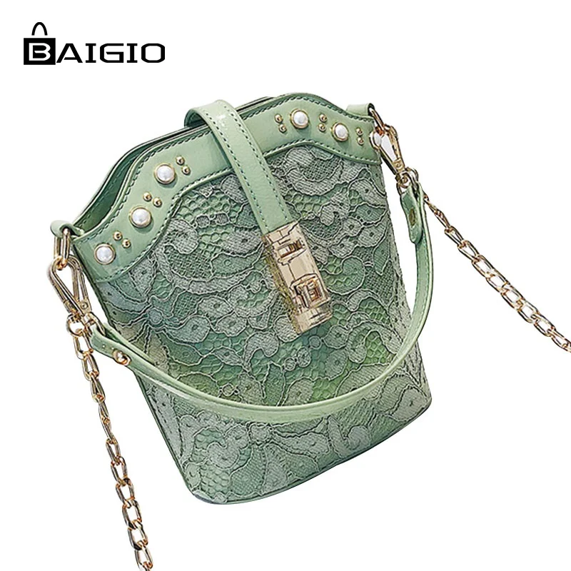BAIGIO Bucket Bag Pink Elegant Embroidery Hasp Pearl Chaim Crossbody Small Evening Shoulder PU Leather Bags | Багаж и сумки