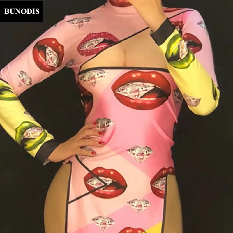 ZD331 Женская Сексуальная короткая юбка Cheongsam с 3D принтом губ и бриллиантами для