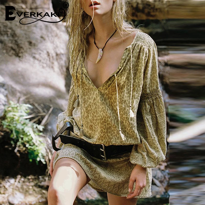 Everkaki Boho мини платье с цветочным принтом для женщин хлопковое v образным вырезом и